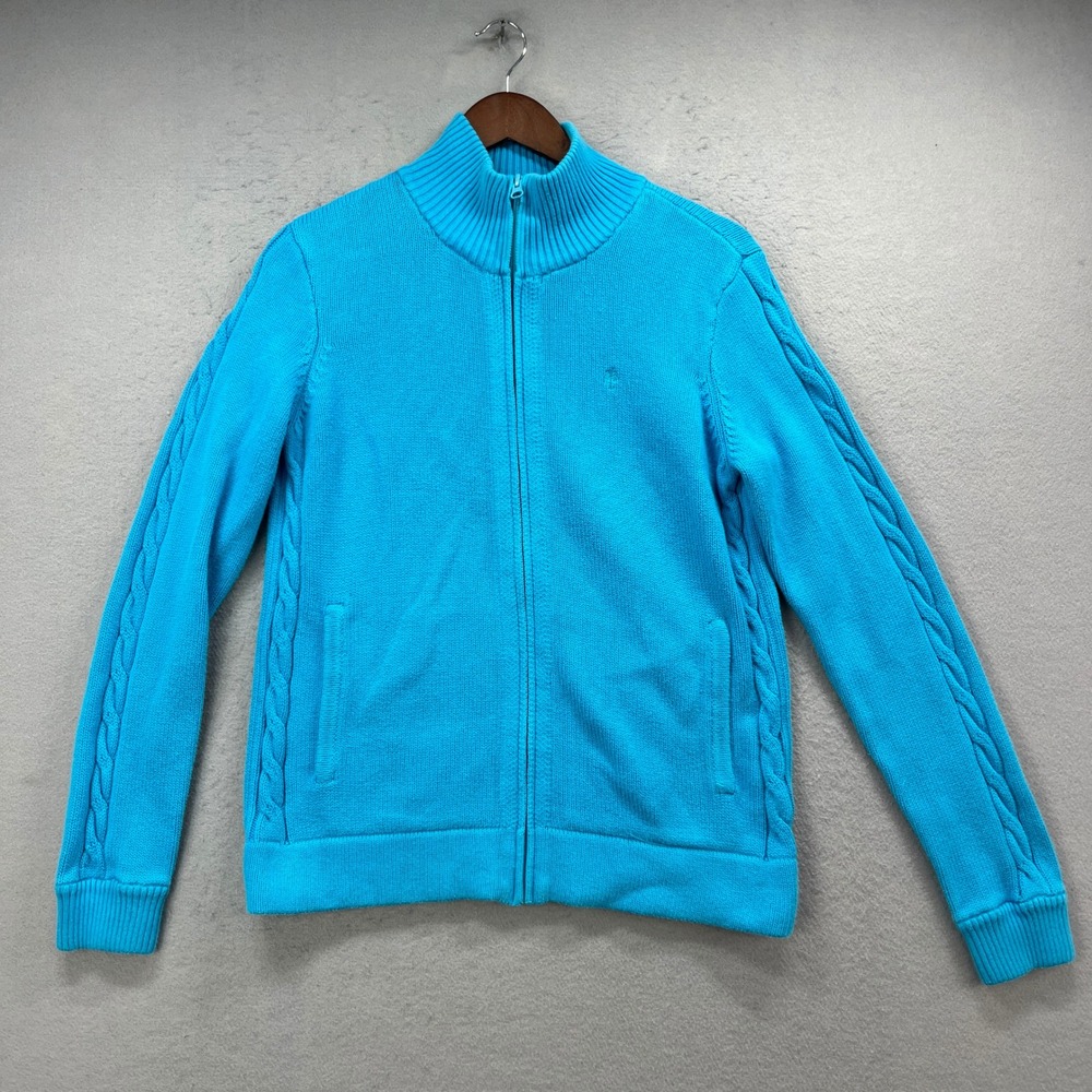 Lilly Pulitzer Sweater Jacket Womens L Blue Full Zip Cable Knit Mock Neck Preppy